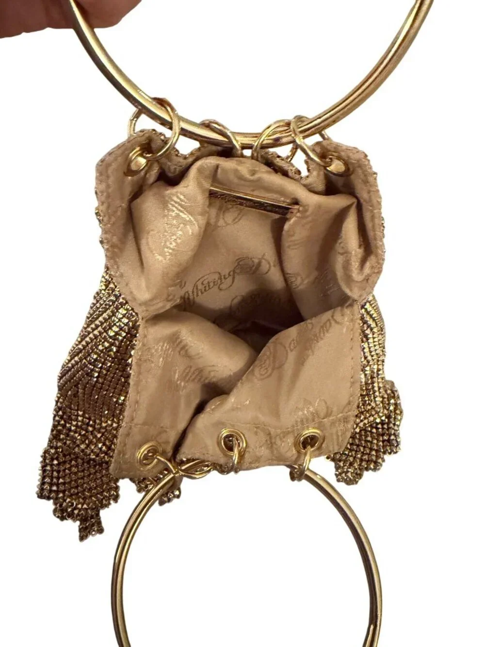 Whiting & Davis Womens Gold Mesh Evening Bag Ring Handles Ruffled Fringe Vintage